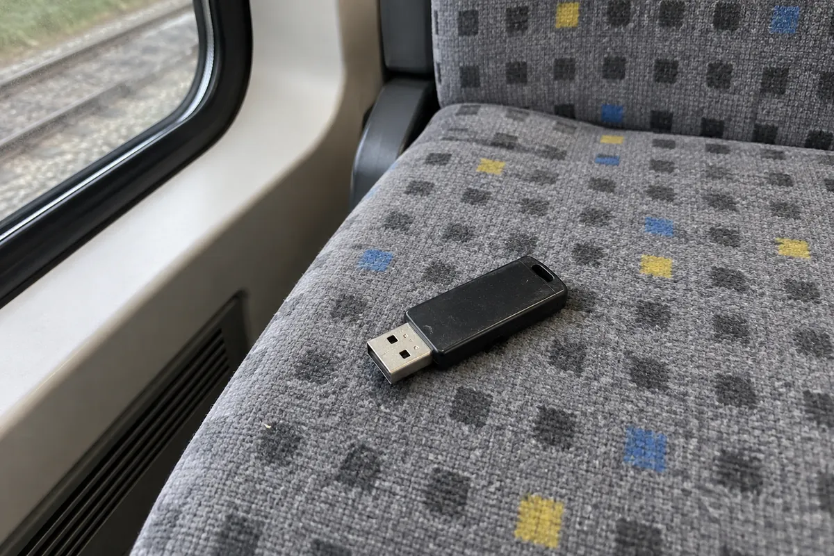 Verlorener USB-Stick auf einem Sitz im Regionalzug, ein typischer Auslöser einer Datenpanne