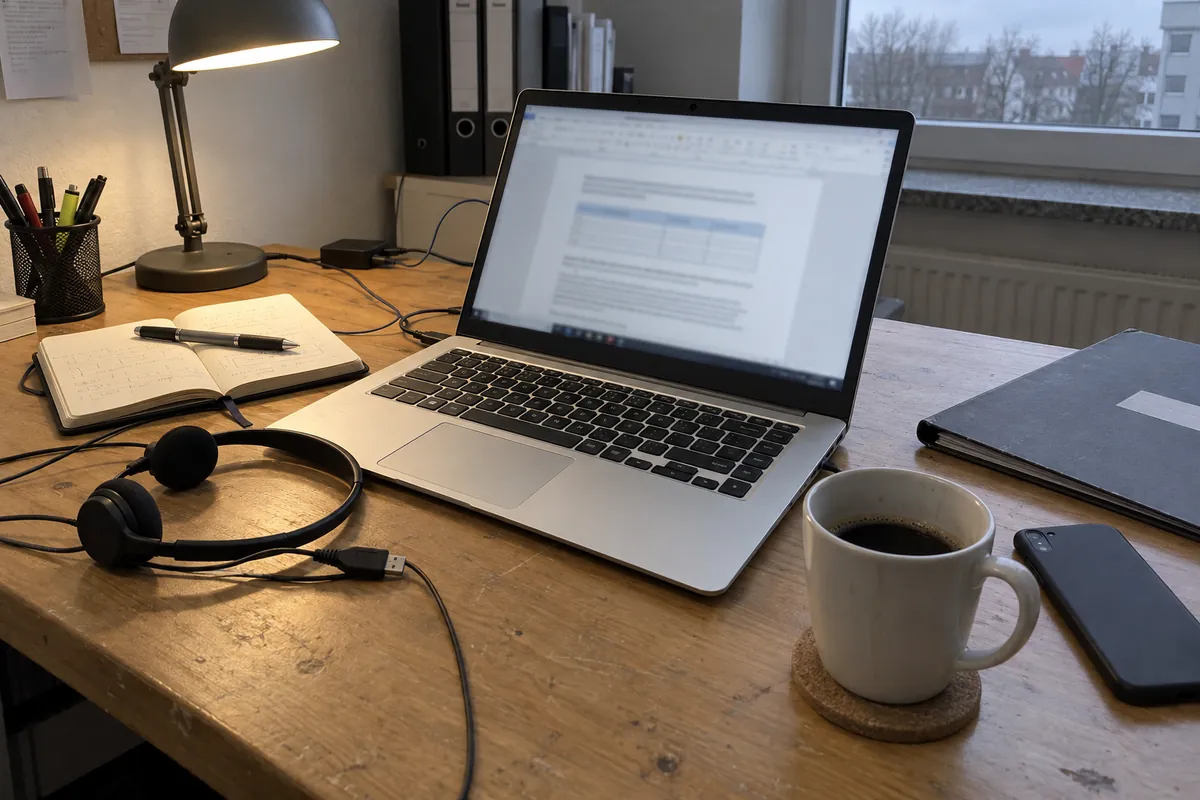 Arbeitsplatz mit Laptop, Headset und Notizbuch: ein externer Datenschutzbeauftragter betreut Unternehmen digital